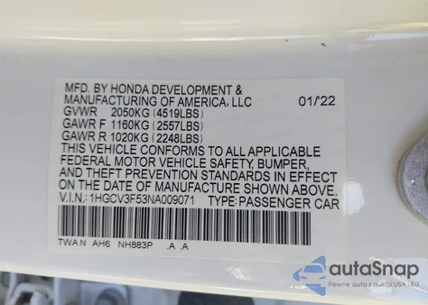 2022 Honda Accord Hybrid Ex-L from USA, damaged, VIN 1HGCV3F53NA009071
